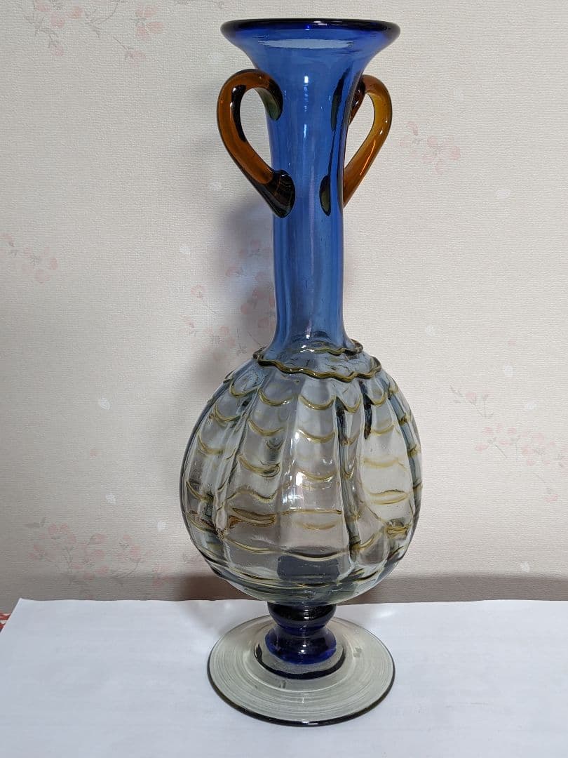 ♦西洋アンティーク 扁壺双耳 ガラス花瓶 アールヌーボー ？フランス 骨董品