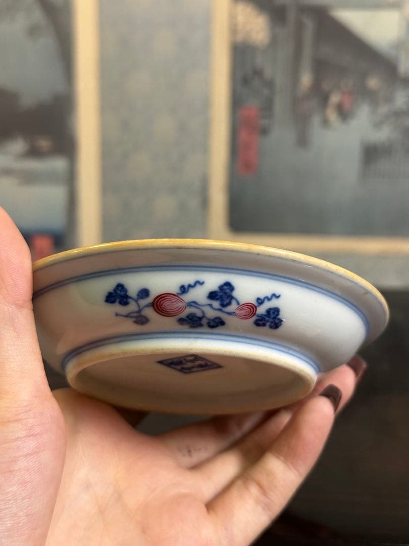 清時代染付小盤 盃托 慶宜堂製 中國古美術 長 10.5cm