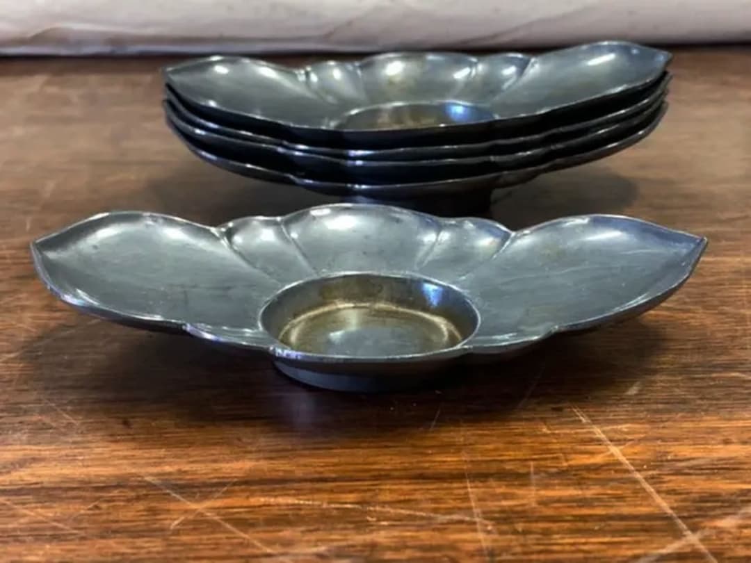 古錫 茶托 五客 【乾茂號造】在銘；BL3-22