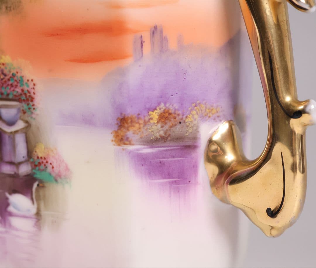 【CM305】オールドノリタケ 湖畔の風景 白鳥 花瓶 15.5cm 耳付 花入