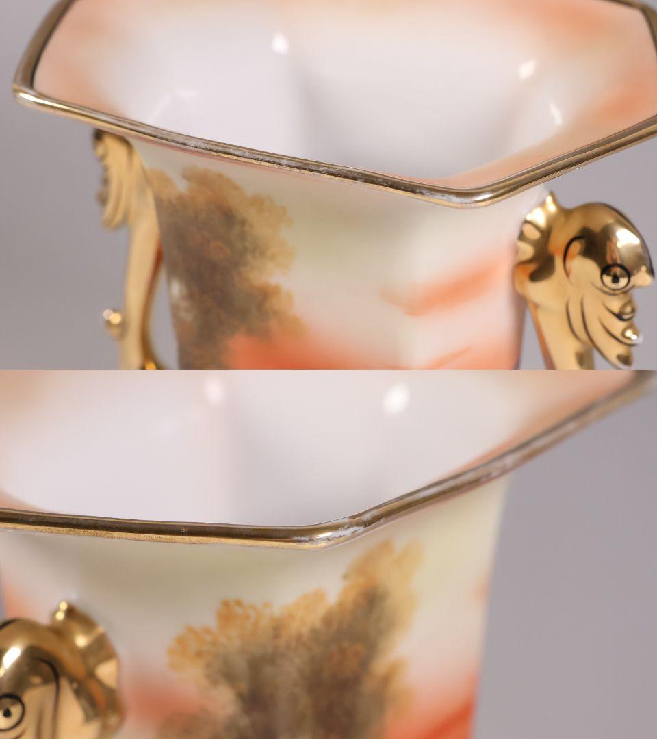 【CM305】オールドノリタケ 湖畔の風景 白鳥 花瓶 15.5cm 耳付 花入