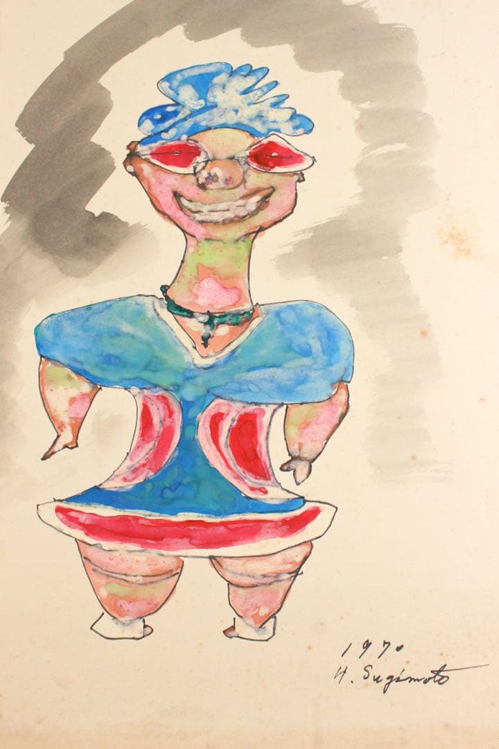 No5085 額装　ヘンリー杉本　遮光器土偶図　1970年　直筆サイン　送料無料