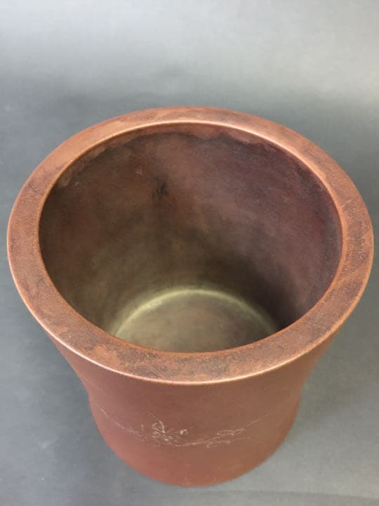 清時代 年代物 紫砂筆梅花詩文入り 筆筒  朱泥 雕刻 在銘