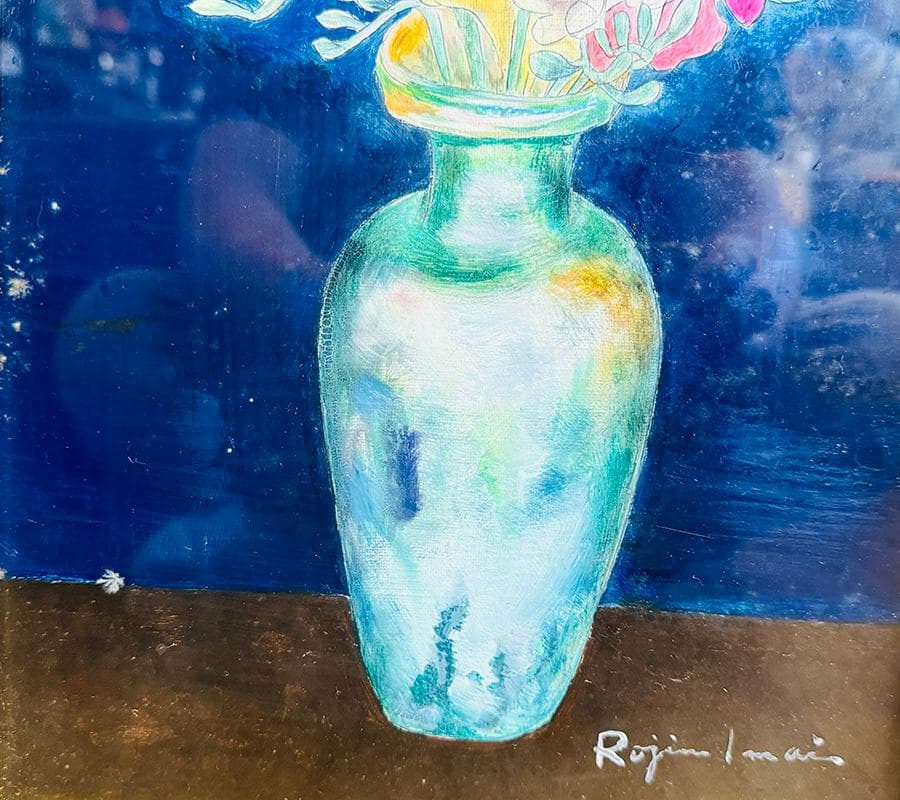 今井ロジン 油絵 「フリージア」F4号 サイン有 裏書有 額装 油絵 絵画 油彩