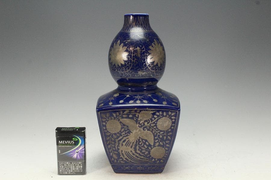 中国美術 瑠璃釉 銀彩 纏枝蓮花鳳紋 瓢瓶(K-XA832)