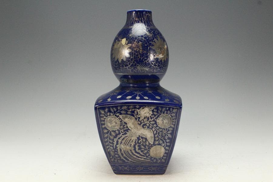 中国美術 瑠璃釉 銀彩 纏枝蓮花鳳紋 瓢瓶(K-XA832)