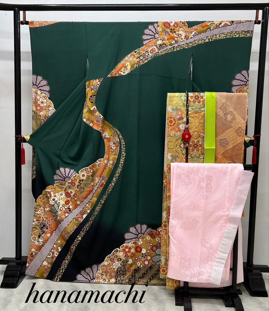 振り袖　フルセット　長襦袢付　金彩加工　振り柄有　成人式　美品　699