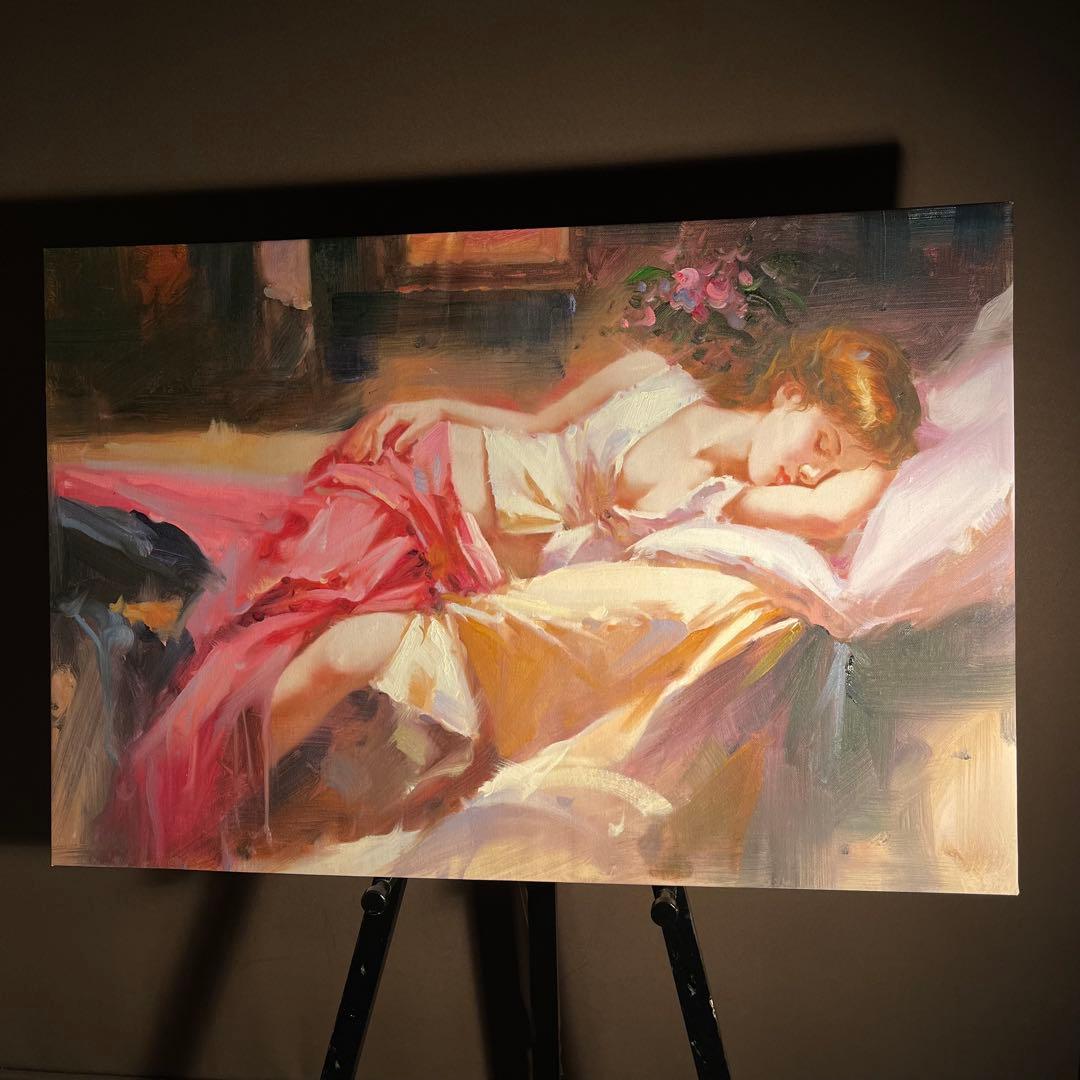 ★秀作★ 手書き油絵 美人画 眠りの中 肉筆絵画 インテリア 油彩画