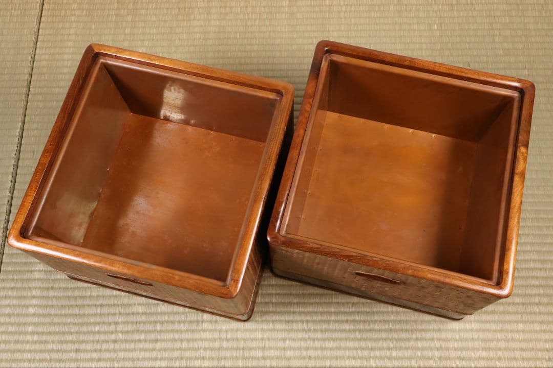 平安 象彦造 桑 網代 角形 火鉢 一対 幅32cm 古民具 木製【MB105】