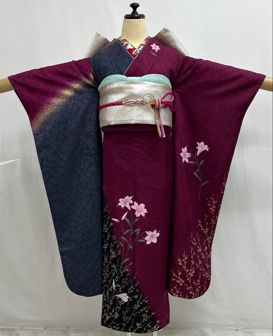 振り袖　フルセット　長襦袢付　金彩加工　希少銀無地両面全通袋帯　535