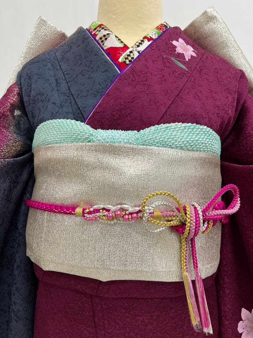 振り袖　フルセット　長襦袢付　金彩加工　希少銀無地両面全通袋帯　535