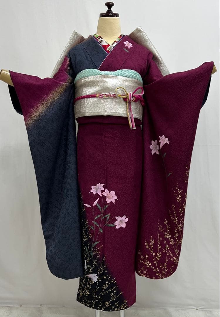 振り袖　フルセット　長襦袢付　金彩加工　希少銀無地両面全通袋帯　535