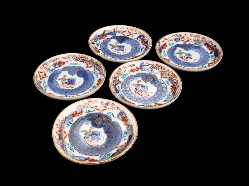 古伊万里　色絵　鳳凰に芭蕉葉の図　手塩皿　５枚　C193AS-VVu