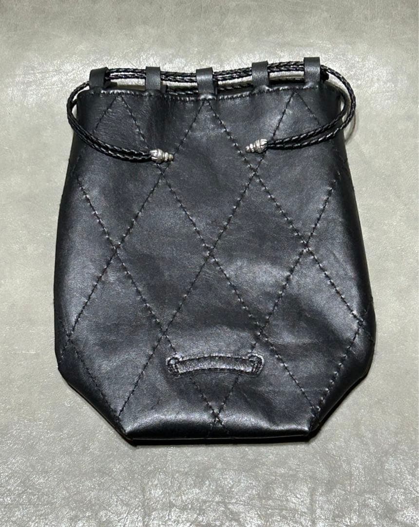 レザー巾着　クロスパッチ、キルティング