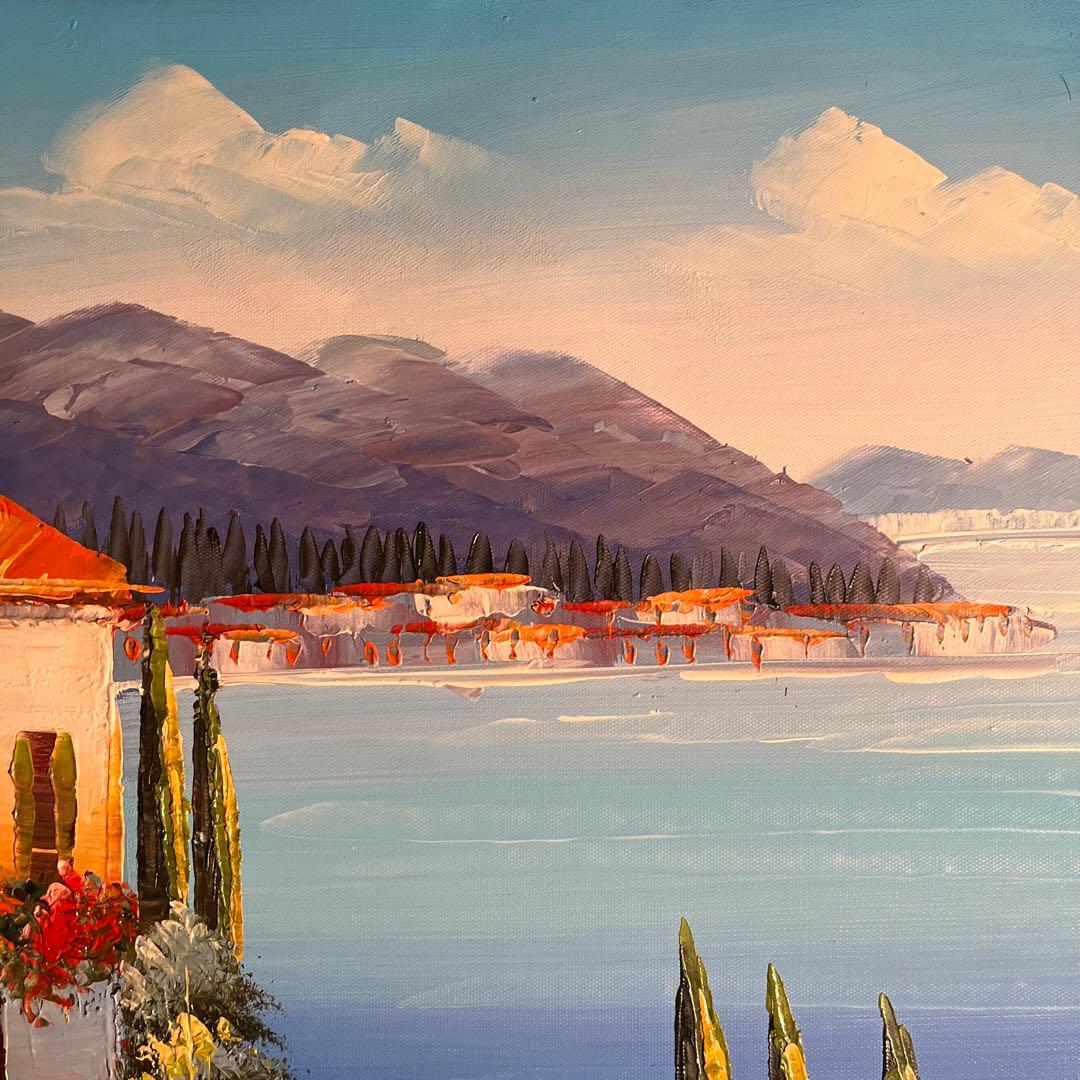 （大型）手書き油絵 地中海の風景 肉筆絵画 インテリア 油彩画