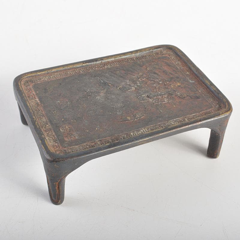 佐渡銅器　本間琢斎　蝋型鋳銅　山水文　墨床　書道具　V　R7028