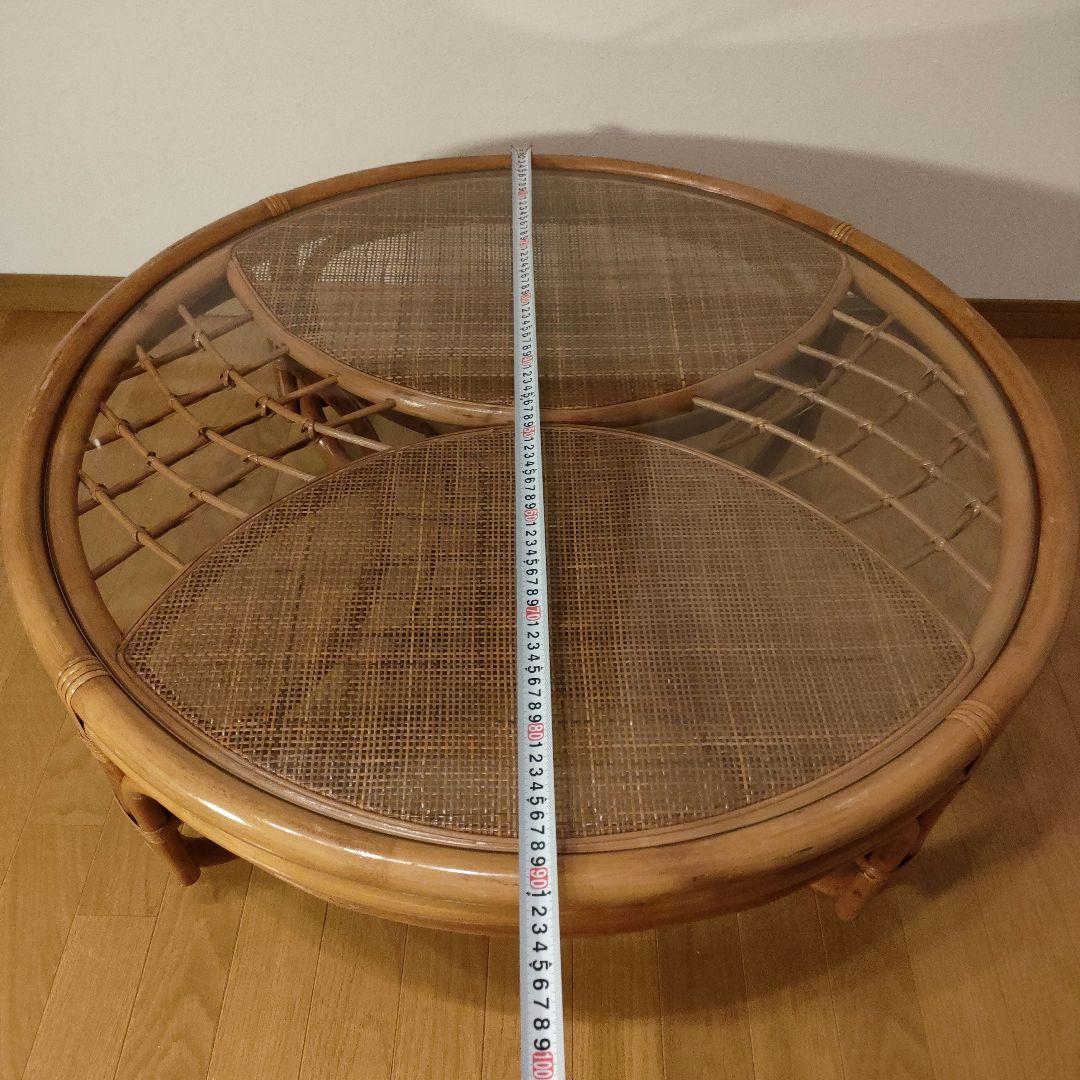 ラタン 藤 ガラス天板 丸テーブル 座卓 レトロ モダン 直径約90cm