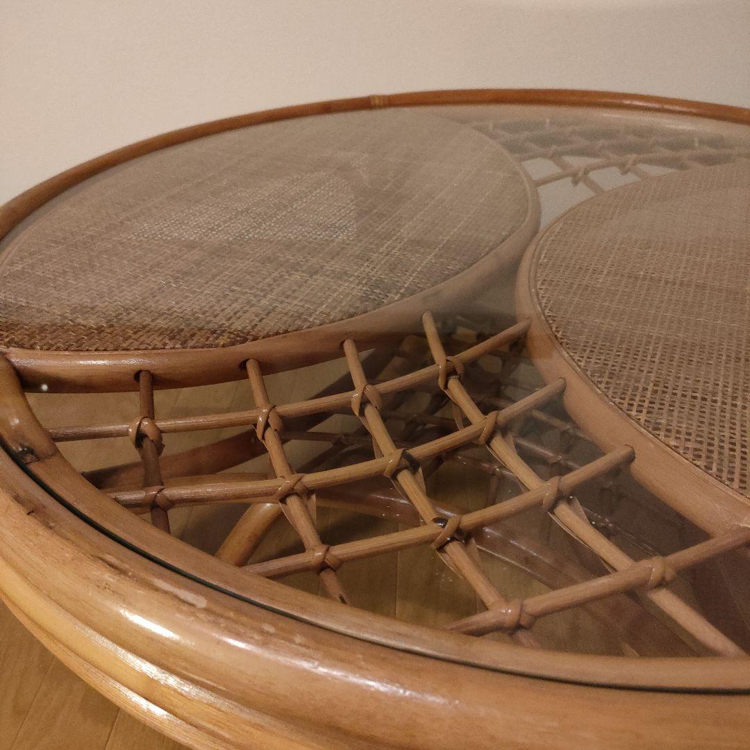 ラタン 藤 ガラス天板 丸テーブル 座卓 レトロ モダン 直径約90cm