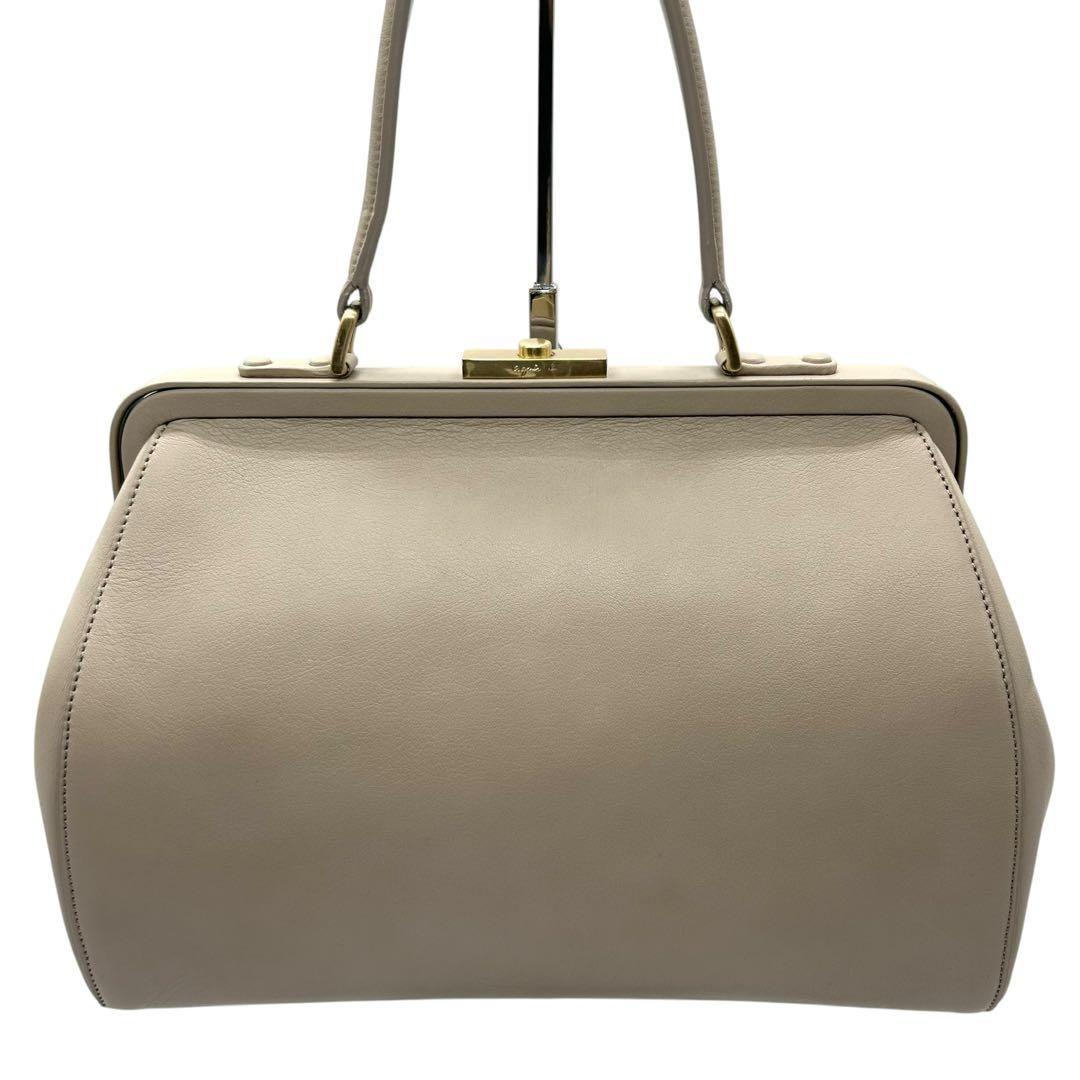 美品 1593 agnes b. ハンドバッグ がま口 ゴールド金具 ベージュ