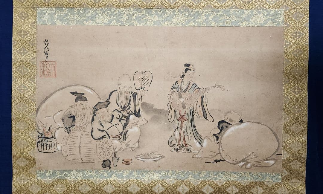 【五福神図】狩野行信 729 江戸狩野 祝時 正月 掛け軸　肉筆