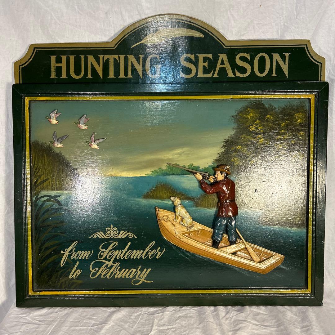 アンティーク　ハンティング　シーズン　看板　雑貨　フレーム　木製　ヴィンテー