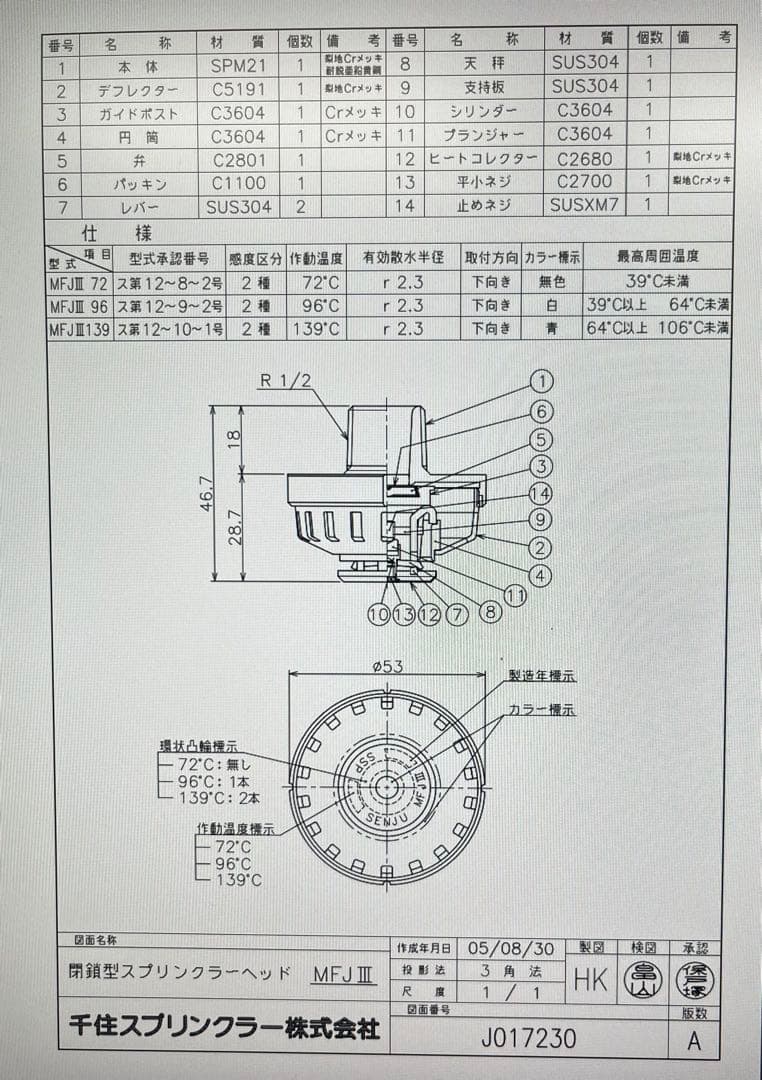 閉鎖型2種スプリンクラーヘッド　R2.3 MFJⅢ 72℃96℃