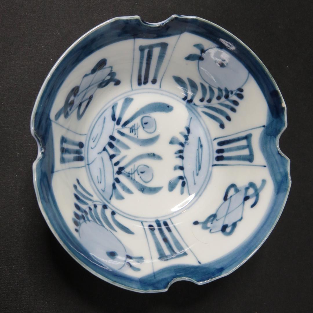染付 5客 古伊万里 小鉢 歪み 窯傷 吉祥文 草文様 薄手 明治 大正 向付