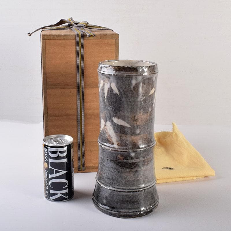 茶道具　泥中庵　真清水蔵六造　鼠志野　竹節花入　共箱　C　R7878