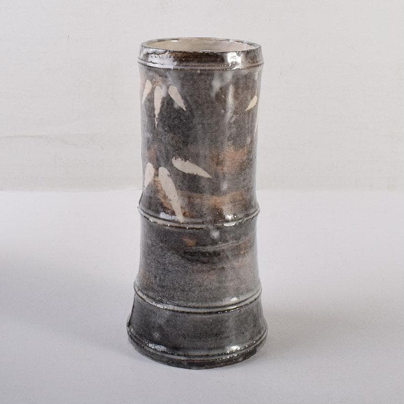 茶道具　泥中庵　真清水蔵六造　鼠志野　竹節花入　共箱　C　R7878