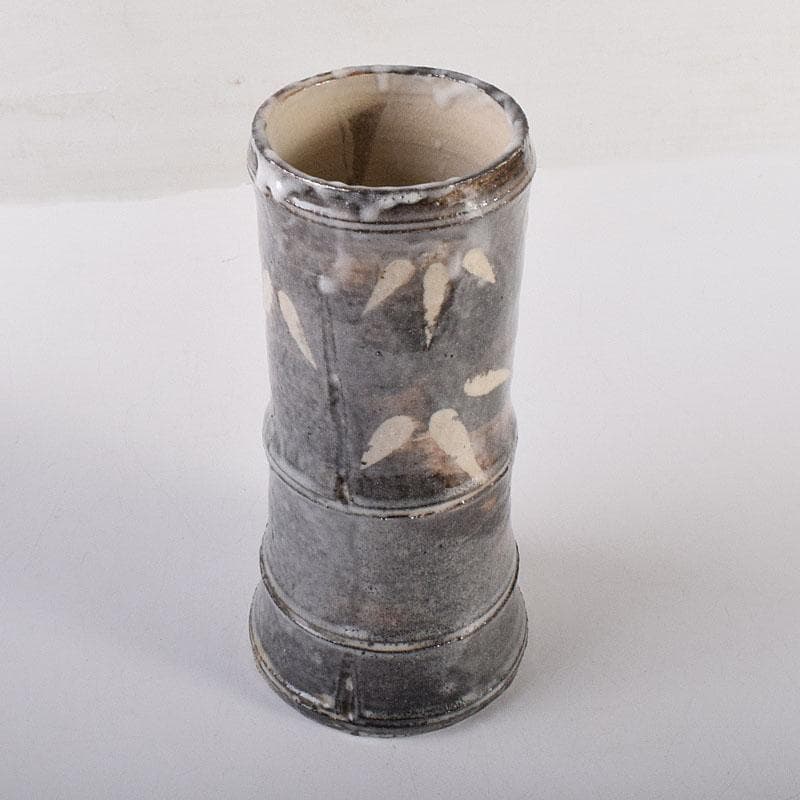 茶道具　泥中庵　真清水蔵六造　鼠志野　竹節花入　共箱　C　R7878