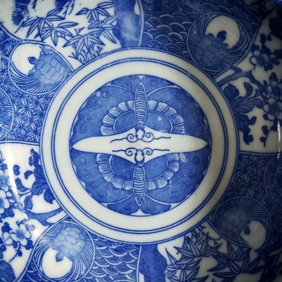 明治・大正期 印判 染付 蝶文 大鉢 径17cm 時代物 古伊万里 骨董
