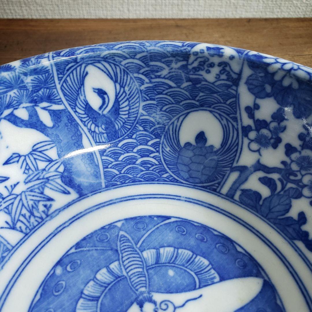 明治・大正期 印判 染付 蝶文 大鉢 径17cm 時代物 古伊万里 骨董
