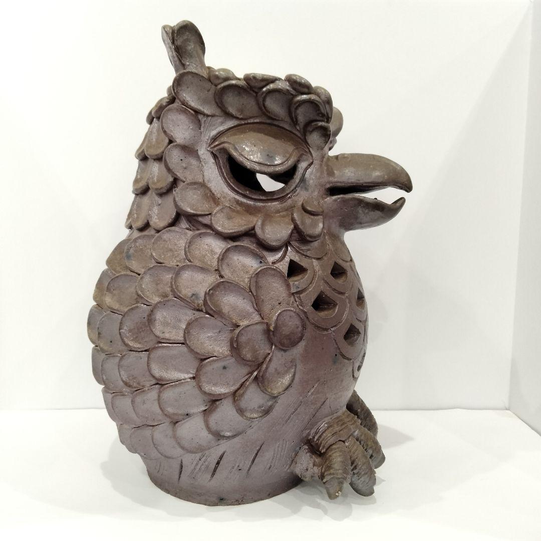 X119-1 備前焼 ミミズク 透かし細工 置物　BB