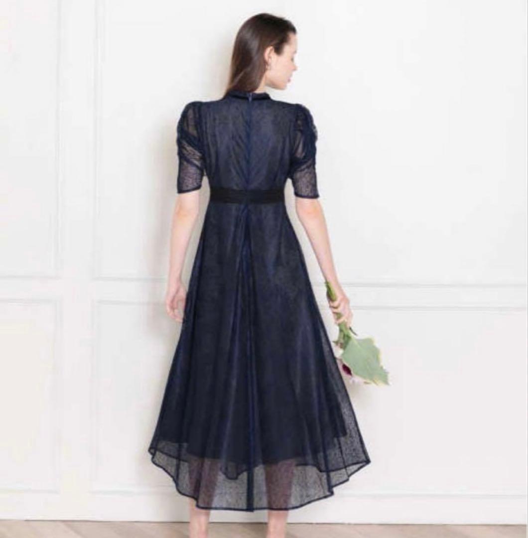 leja レジャ　ウエストマークパフスリーブ総レースロングドレスワンピース