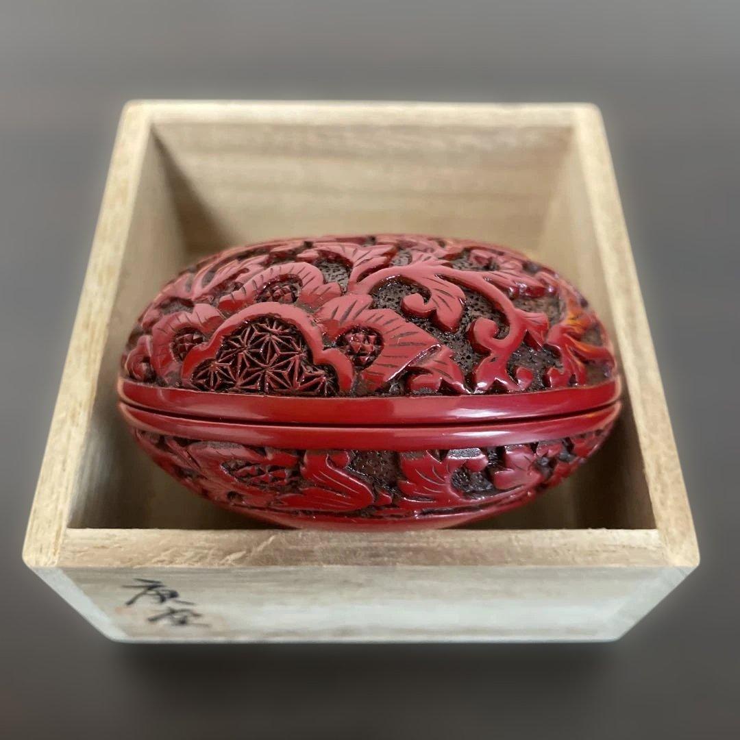 宝相華文　香合　村上木彫堆朱 共箱付き 伝統工芸　茶道具 漆器　庚堂