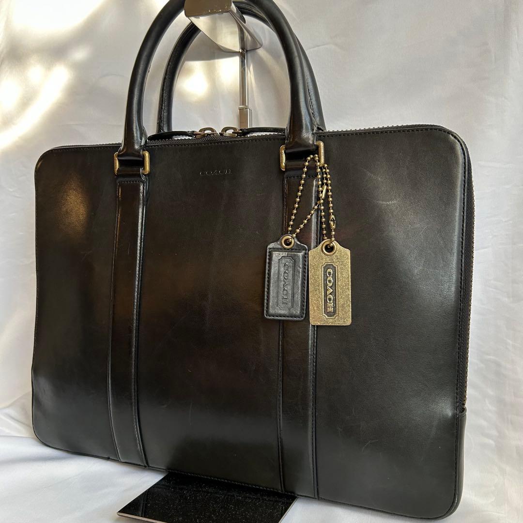 【希少】COACH コーチ ブラック 本革 薄型 ビジネスバッグ ブリーフケース