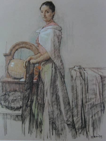 小磯良平、婦人立像、版上刷サイン、希少な額装用画集より、新品高級額装付