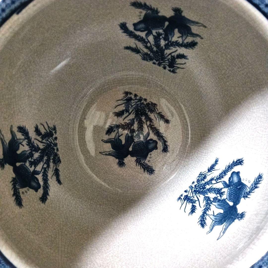 山水楼閣 鷹金魚図 火鉢 睡蓮鉢 金魚鉢 メダカ鉢
