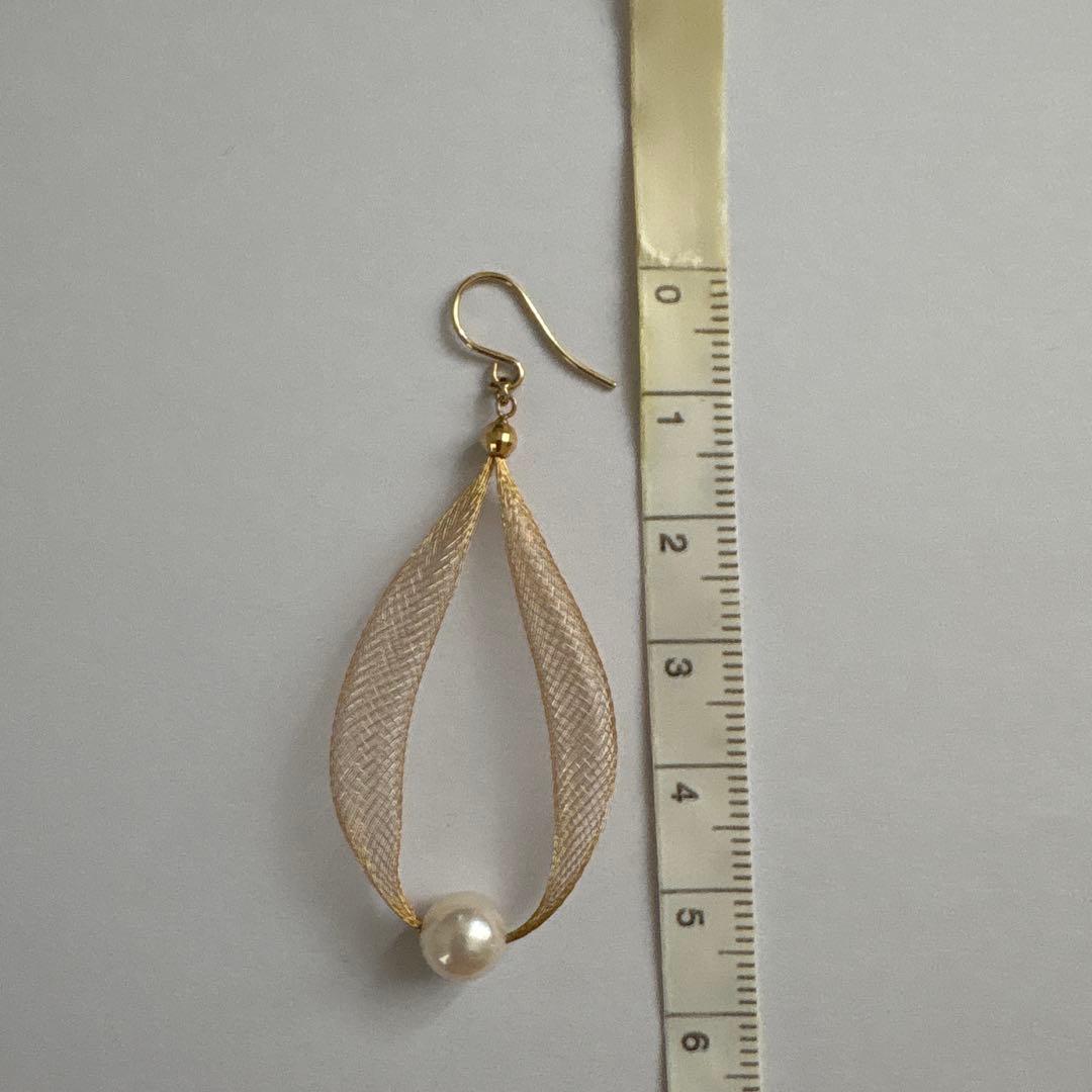 18金メッシュリーフ型パールピアス