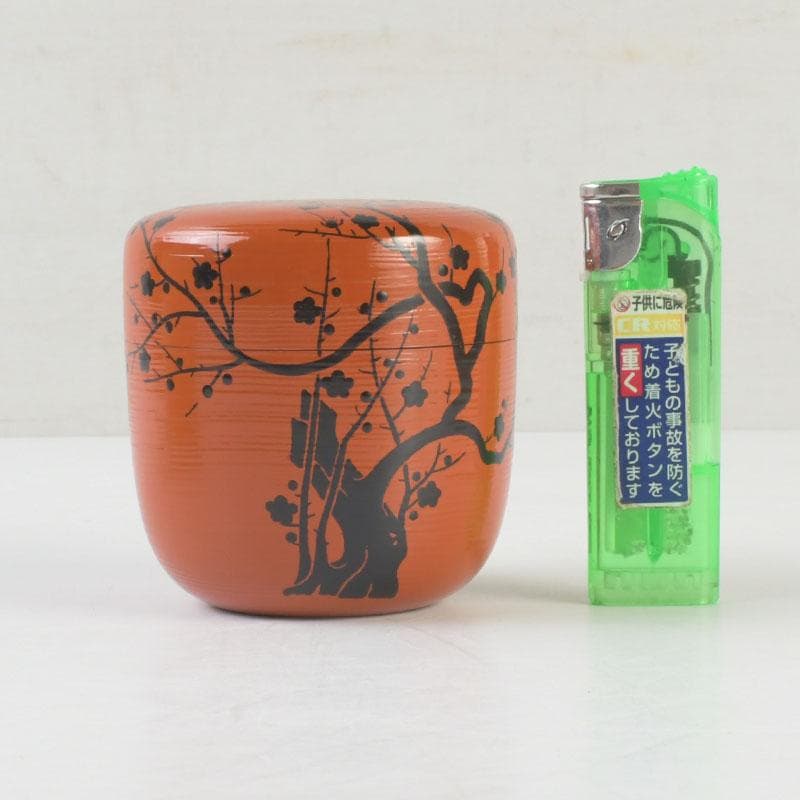 茶道具　山中塗　道場宗廣作　朱刷毛目　梅月蒔絵　大棗　共箱　V　9836