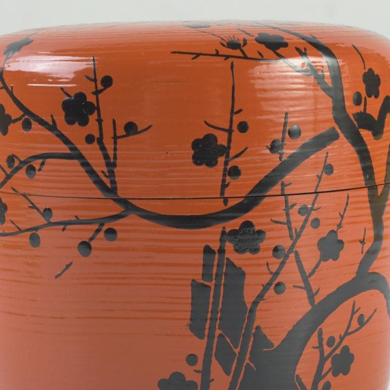 茶道具　山中塗　道場宗廣作　朱刷毛目　梅月蒔絵　大棗　共箱　V　9836