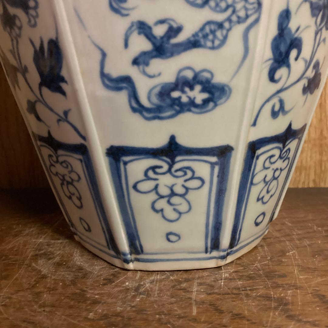 中国　染付　面取瓶　龍鳳花之図