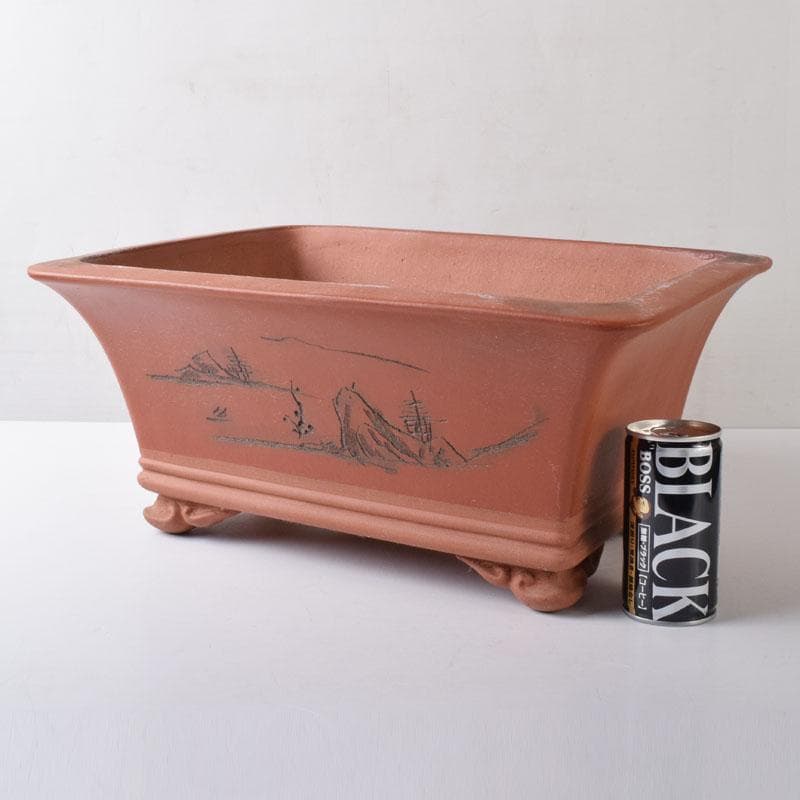 中国　紫砂　朱泥　漢詩山水刻　植木鉢　盆栽鉢　V　R8480H