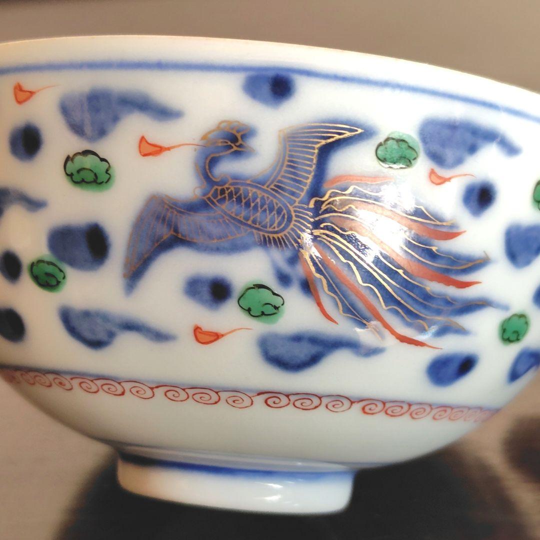 九谷焼　錦絵 金彩 蓋付き茶碗 飯茶碗 茶碗 5客 鳳凰 アンティーク 冬 春