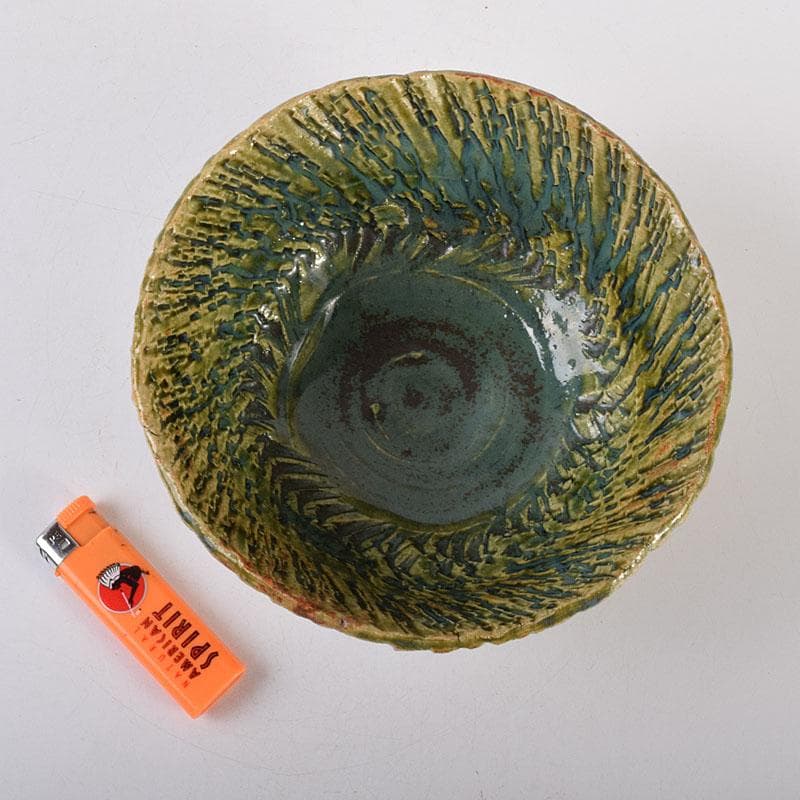 織部焼　加藤重高作　たたき出し　鉢　仕覆付　共布共箱　C　7000