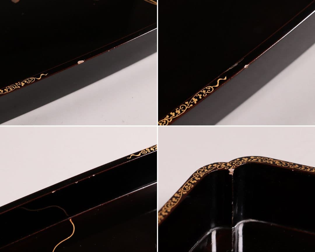 瓢箪雀蒔絵 広盆 大小一組 黒塗 金銀 螺鈿 木製漆器 広蓋 長方盆 花鳥MA9