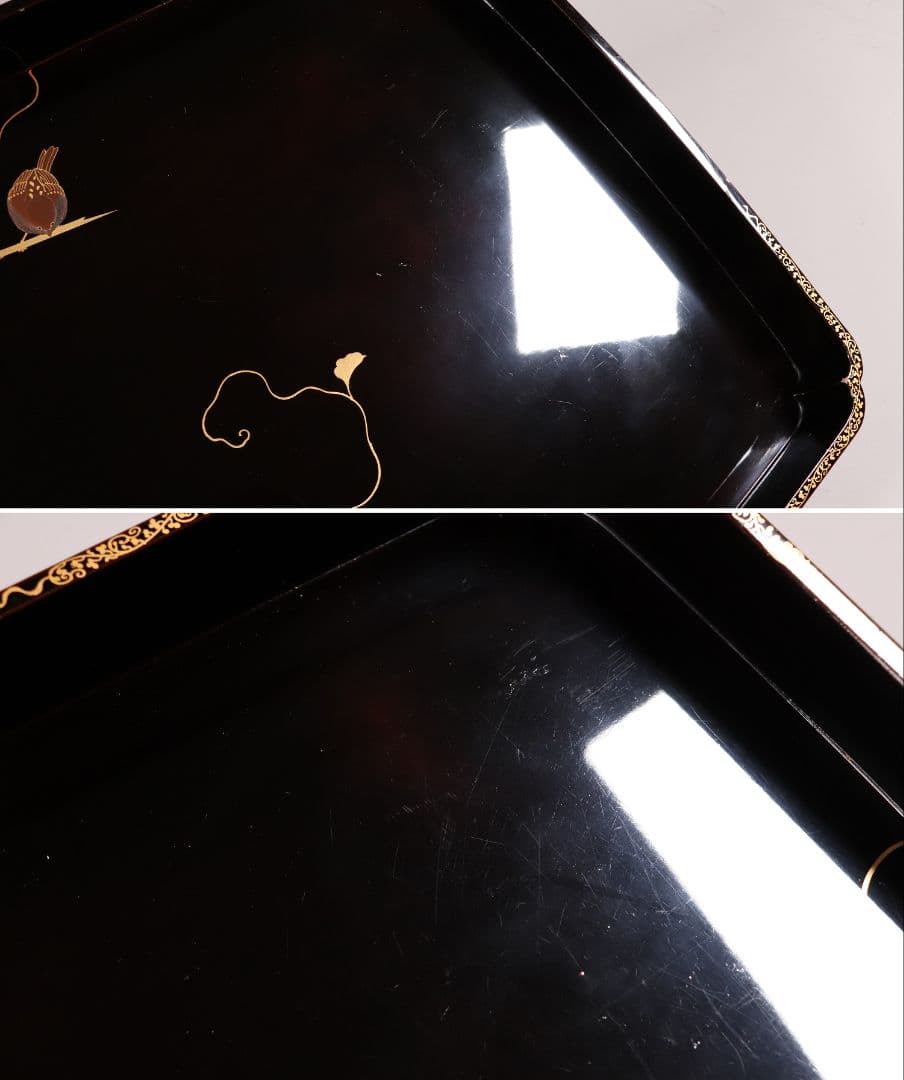 瓢箪雀蒔絵 広盆 大小一組 黒塗 金銀 螺鈿 木製漆器 広蓋 長方盆 花鳥MA9