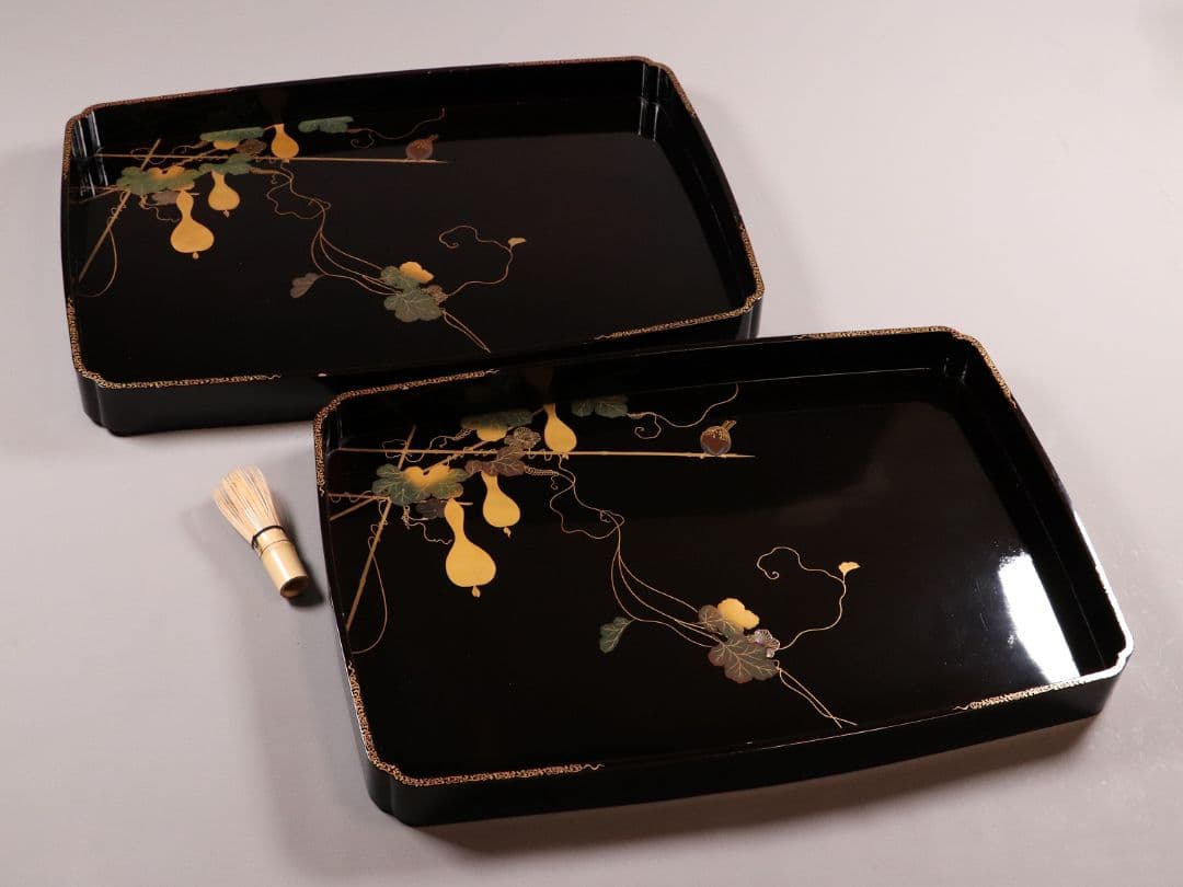 瓢箪雀蒔絵 広盆 大小一組 黒塗 金銀 螺鈿 木製漆器 広蓋 長方盆 花鳥MA9