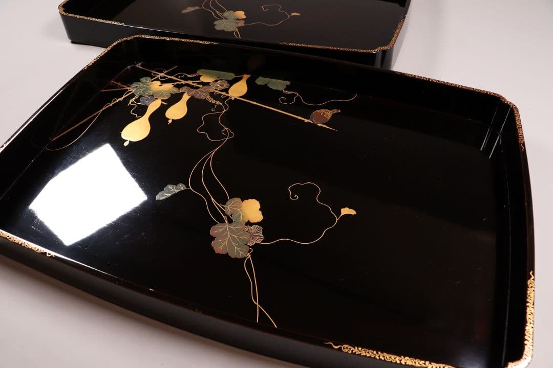 瓢箪雀蒔絵 広盆 大小一組 黒塗 金銀 螺鈿 木製漆器 広蓋 長方盆 花鳥MA9