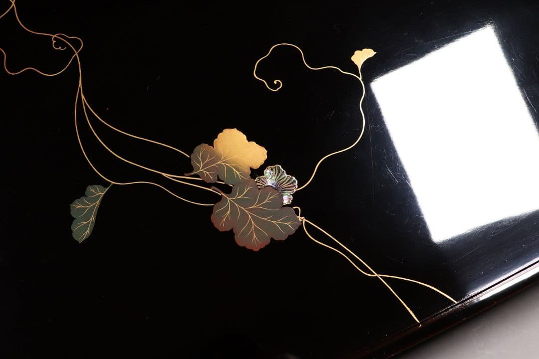 瓢箪雀蒔絵 広盆 大小一組 黒塗 金銀 螺鈿 木製漆器 広蓋 長方盆 花鳥MA9
